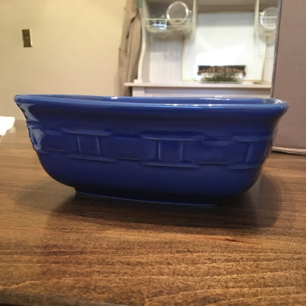 Longaberger blue pottery square bowl w basketweave